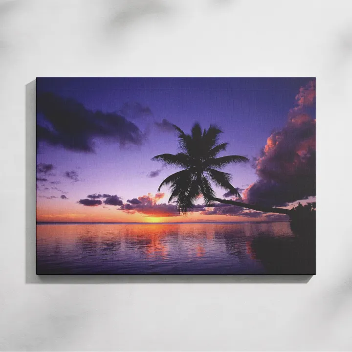 Sunset Tropical Beach Palms View Large CANVAS Art Print Gift Framed Canvas Wall Art Ocean Beach Sea Photo Wall Decor Palm tree Abstract Nature Landscape Blue Sky Beach pictures Wall Art Canvas Print