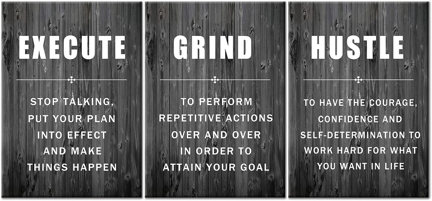 Execute Grind Hustle Inspirational Poster 3 Pieces Motivational Wall Art Canvas Prints Artwork for Living Room Modern Home Decor Painting Pictures Stretched and Framed Ready to Hang