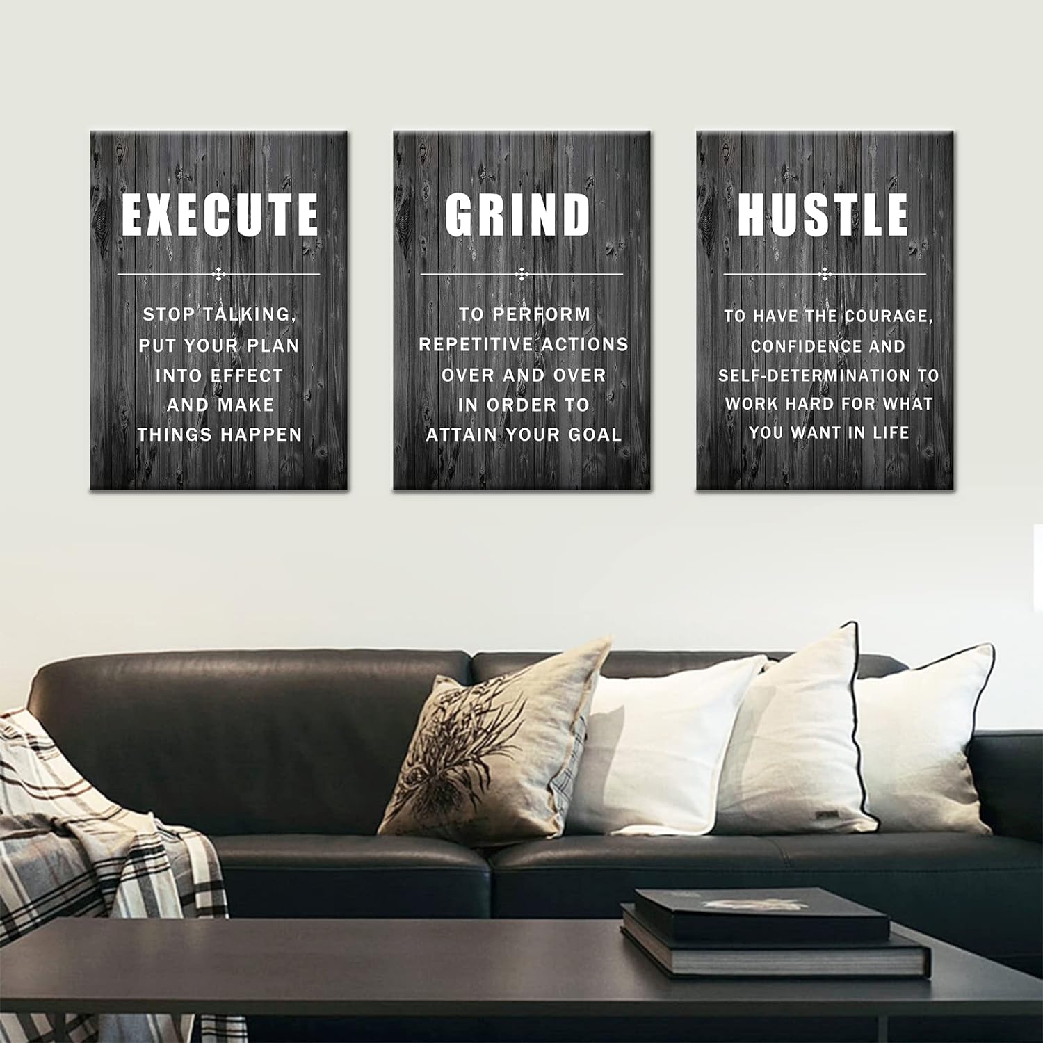 Execute Grind Hustle Inspirational Poster 3 Pieces Motivational Wall Art Canvas Prints Artwork for Living Room Modern Home Decor Painting Pictures Stretched and Framed Ready to Hang