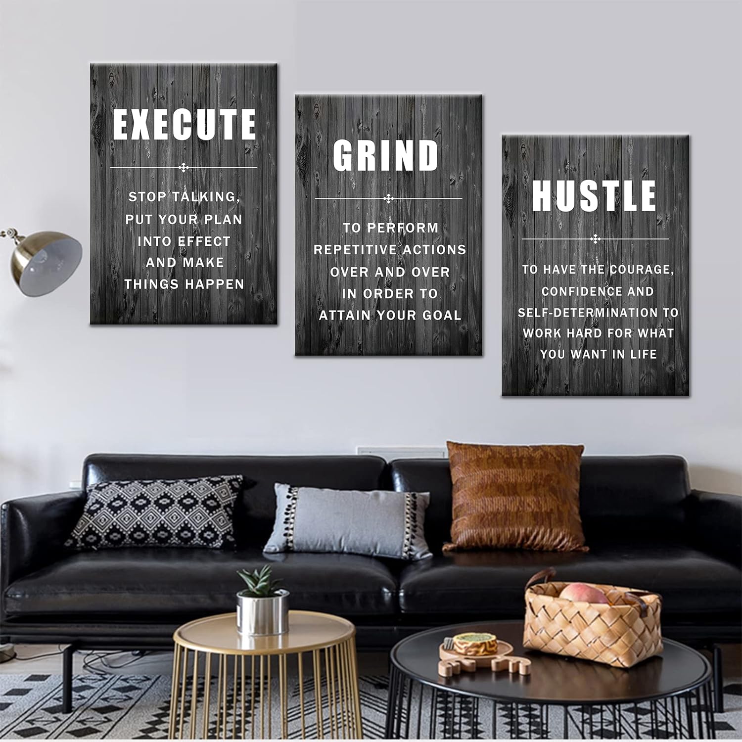 Execute Grind Hustle Inspirational Poster 3 Pieces Motivational Wall Art Canvas Prints Artwork for Living Room Modern Home Decor Painting Pictures Stretched and Framed Ready to Hang