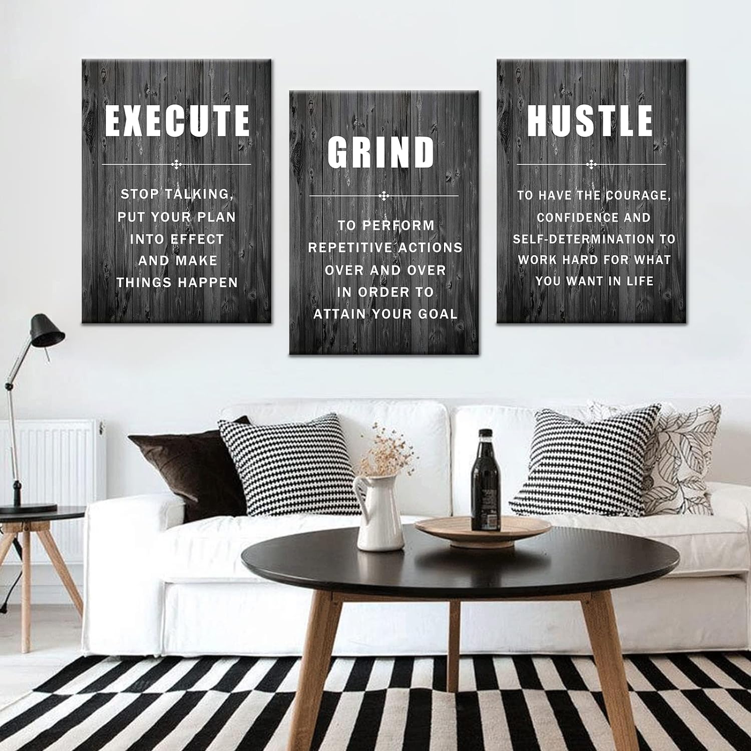 Execute Grind Hustle Inspirational Poster 3 Pieces Motivational Wall Art Canvas Prints Artwork for Living Room Modern Home Decor Painting Pictures Stretched and Framed Ready to Hang