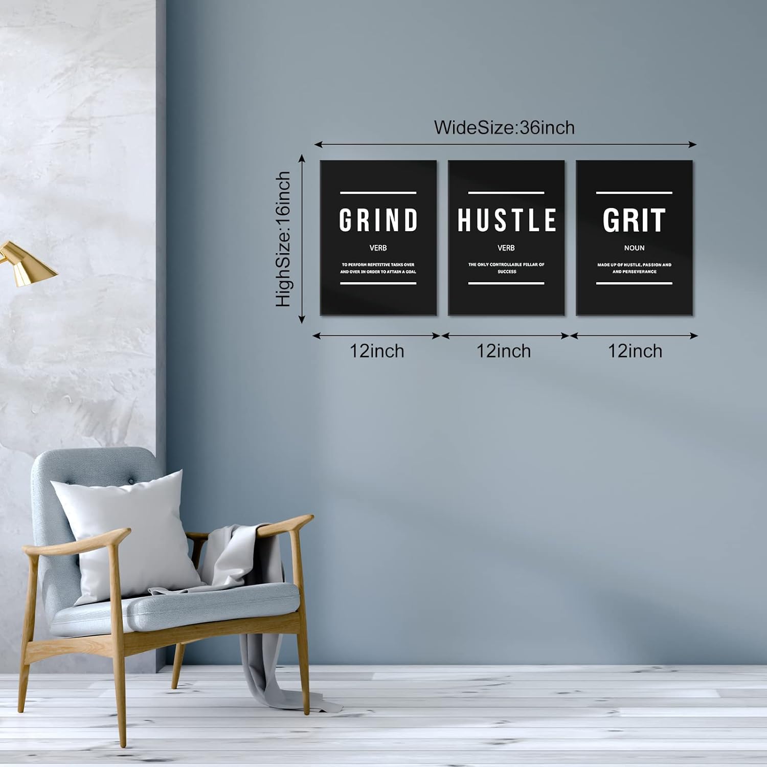 Execute Grind Hustle Grit Inspirational Poster 3 Pieces Motivational Wall Art Canvas Prints Artwork for Living Room Modern Home Decor Painting Pictures Stretched and Framed Ready to Hang