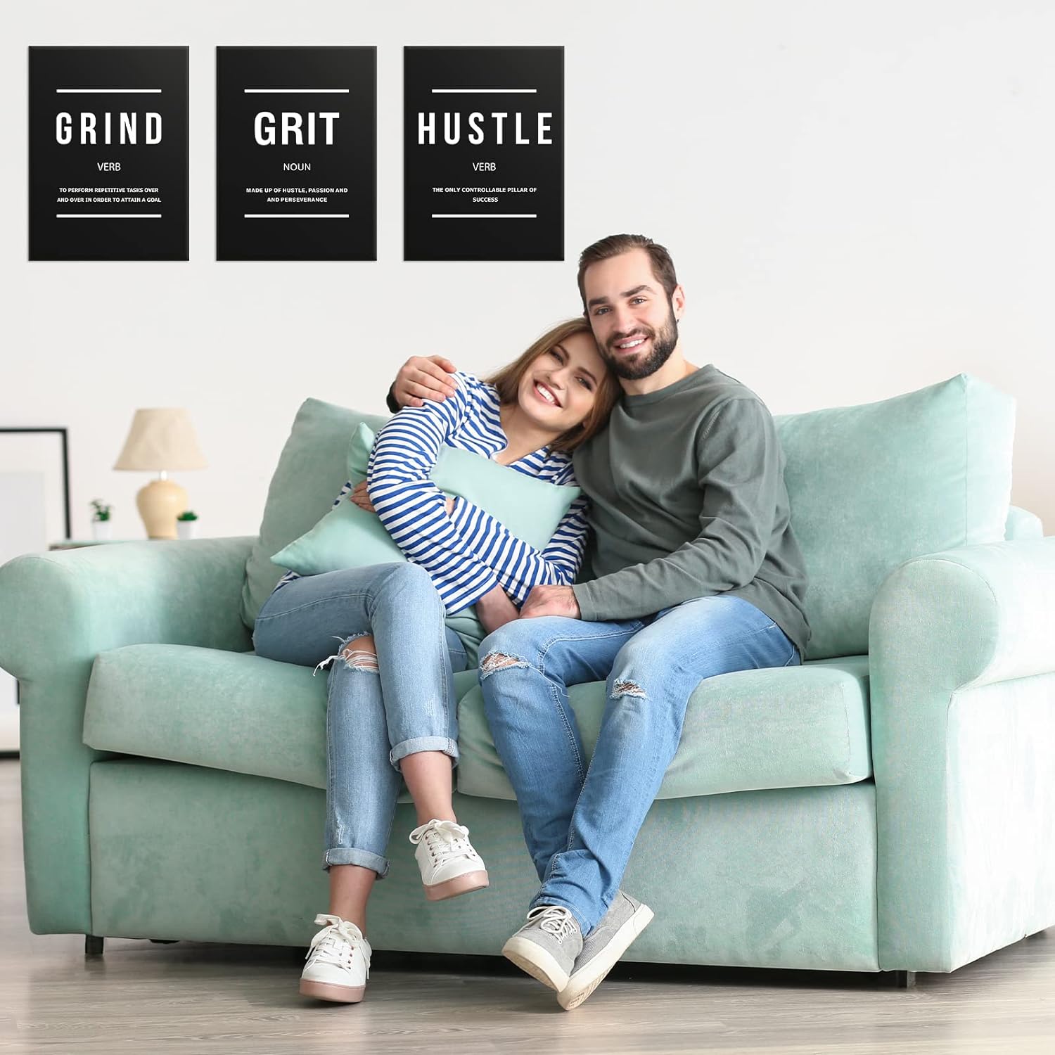 Execute Grind Hustle Grit Inspirational Poster 3 Pieces Motivational Wall Art Canvas Prints Artwork for Living Room Modern Home Decor Painting Pictures Stretched and Framed Ready to Hang