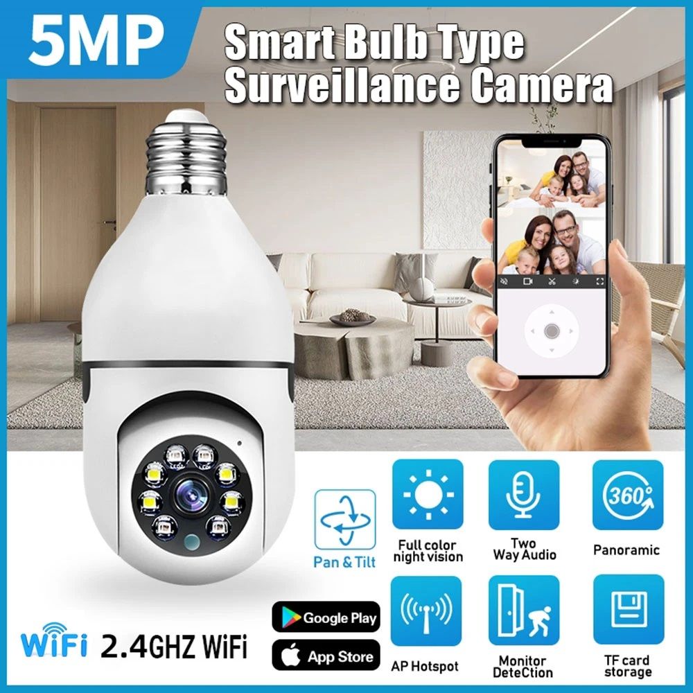 5MP E27 Bulb Camera WiFi Indoor Video Surveillance Home Security Lamp IP Camera Infrared Night Vision Wireless Network Webcam