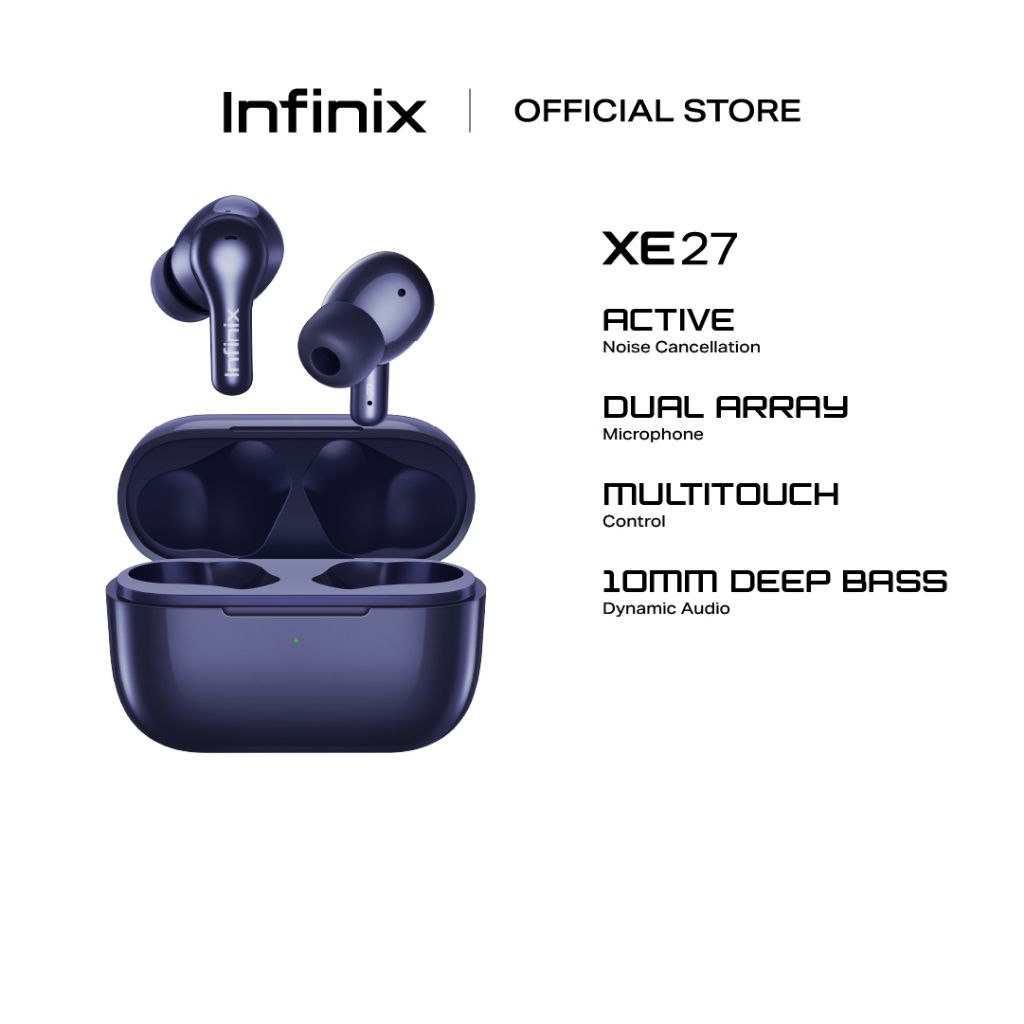 Infinix XE27 bluetooth earphones earpods 10mm Active Noise Cancellation(ANC) ,5/28 Hours long battery life Deep Bass Drivers, Dynamic Audio