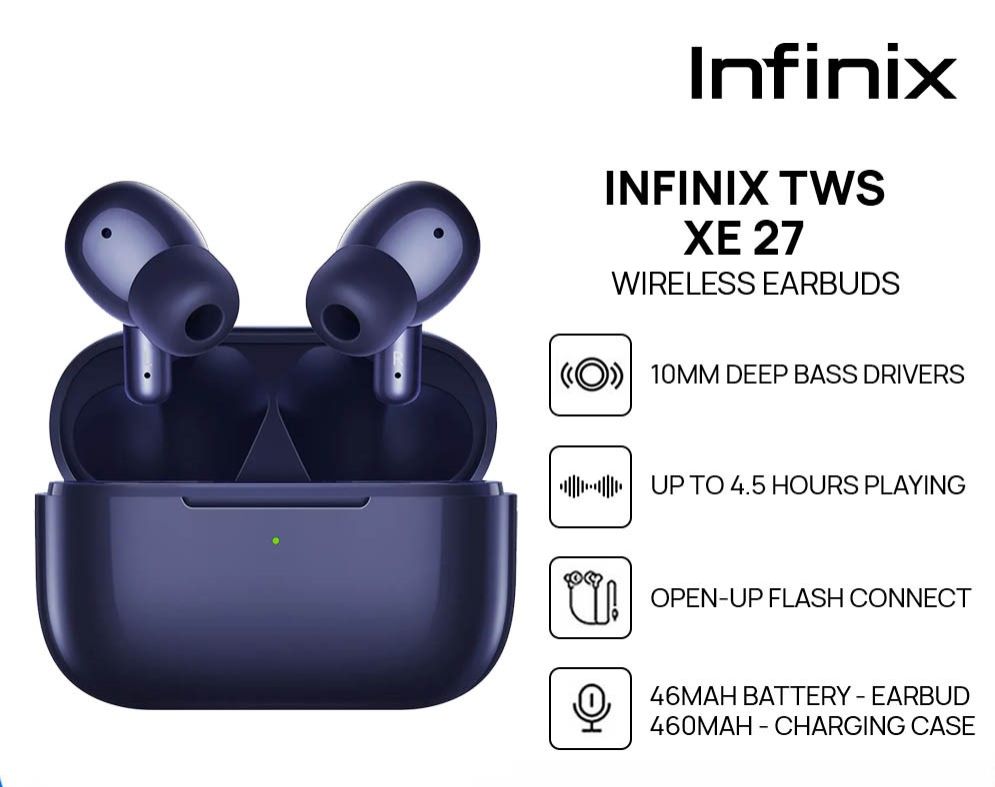 Infinix XE27 bluetooth earphones earpods 10mm Active Noise Cancellation(ANC) ,5/28 Hours long battery life Deep Bass Drivers, Dynamic Audio