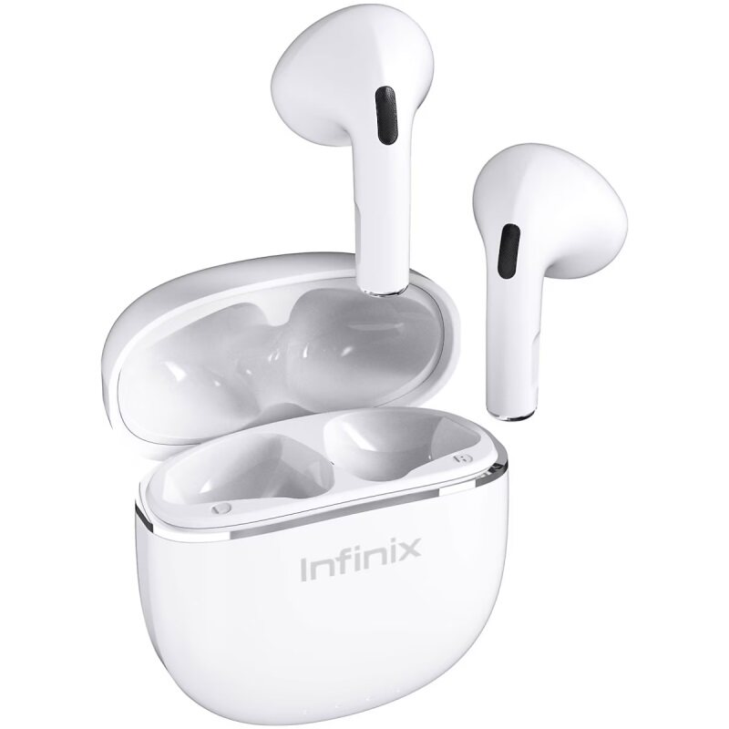 Infinix earbuds Lite XE23 Clear Vocal Large Speaker Unit with loud and power Semi In-Ear and lightweight for Comfortable and Secure Fit Bluetooth earphones earpods TWS White