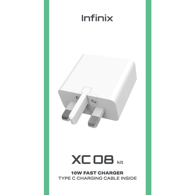 Infinix XC08 10W UK Fast Charging Adapter with 10W 2A USB-A to Type-C Cable – Compact, Safe & Compatible with Infinix Smartphones