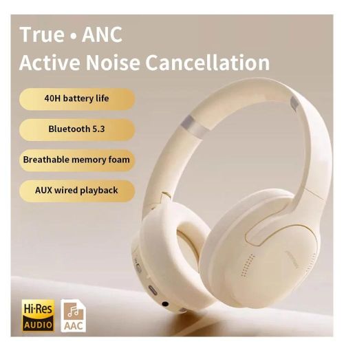 Amaya Wireless Headphones  - Pure Bass Active Noise Cancellation (ANC) Over-Ear Wireless Bluetooth Headphones, Beige