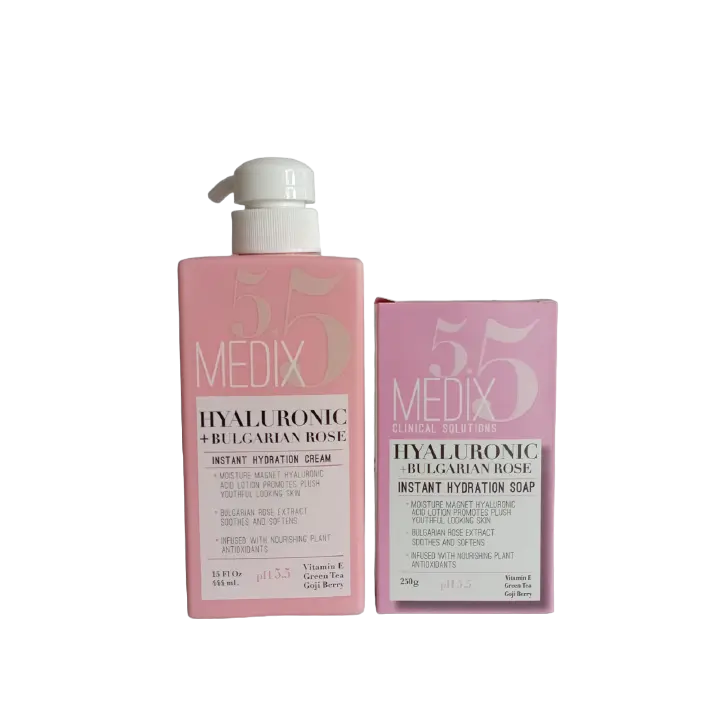Medix 5.5 Bulgarian Rose + Hyaluronic acid Body Lotion Cream + Soap. Hydrates, Fades Pigments, Dark Spots, Wrinkles, Ant-Aging, Cleanses, Exfoliates, Smooths, Has Sunscreen & Makes skin young