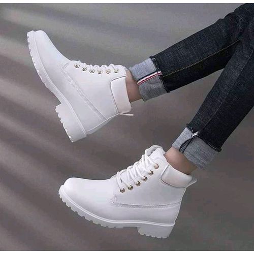 Ladies Rubber Sole PU Leather Fashion Casual Ankle Boots All Seasons Flat Boots Size37-42 Normal Fitting Western Style Lace Up Shoes Colour White