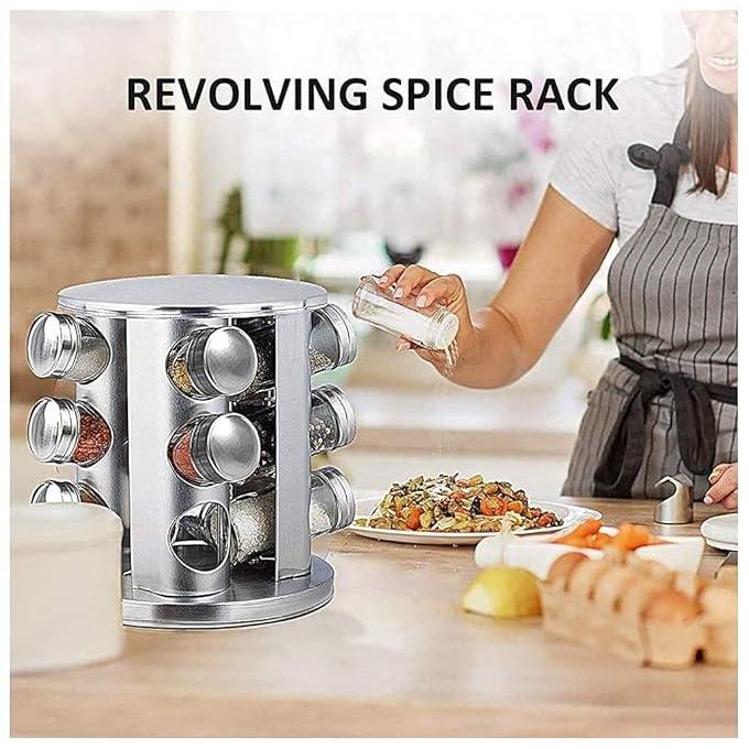 Rotating Spice Rack for Countertop with 12 Jars, Stainless Steel Revolving Storage Organizer for Spices and Seasonings