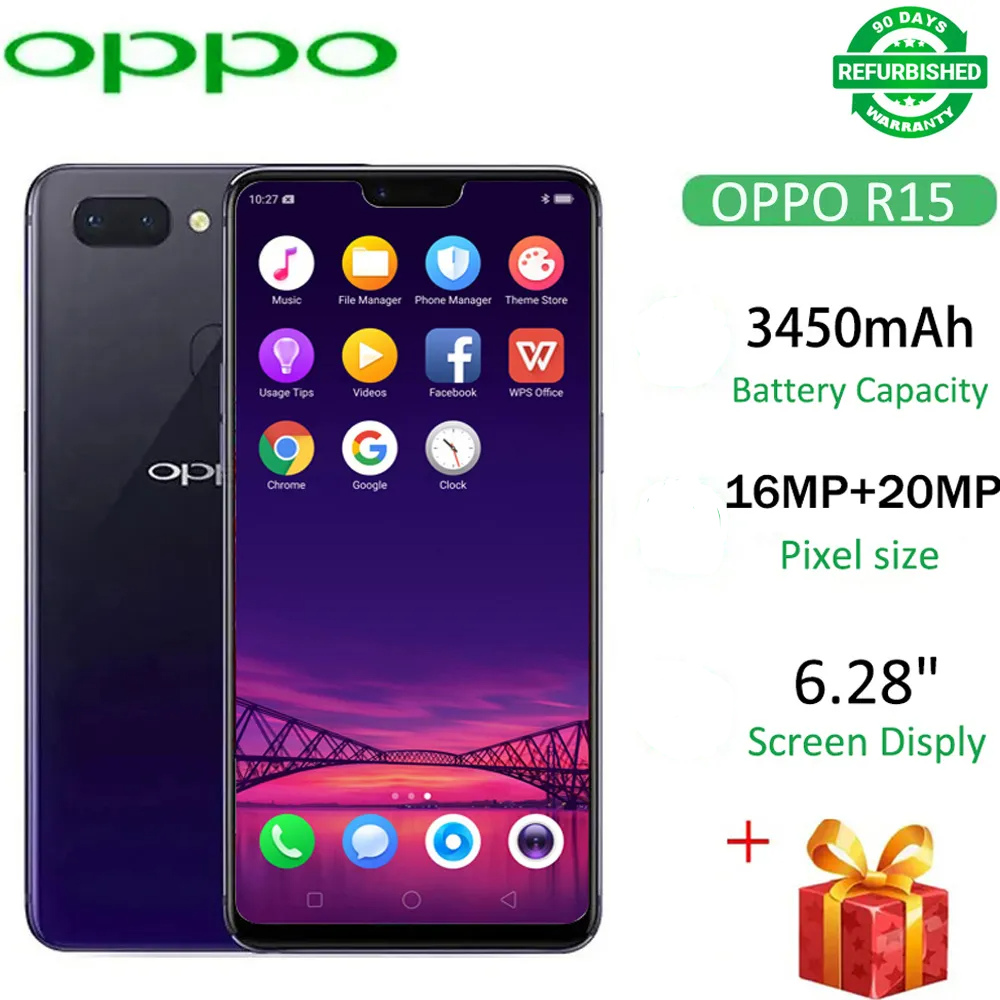 Top sale Refurbished OPPO R15 128B+6GB 6.28" 20MP+16MP 2G/3G/4G LTE Dual SIM Android 8.1 3450mAh Face  ID Fingerprint Unlock Smartphones Big Phones
