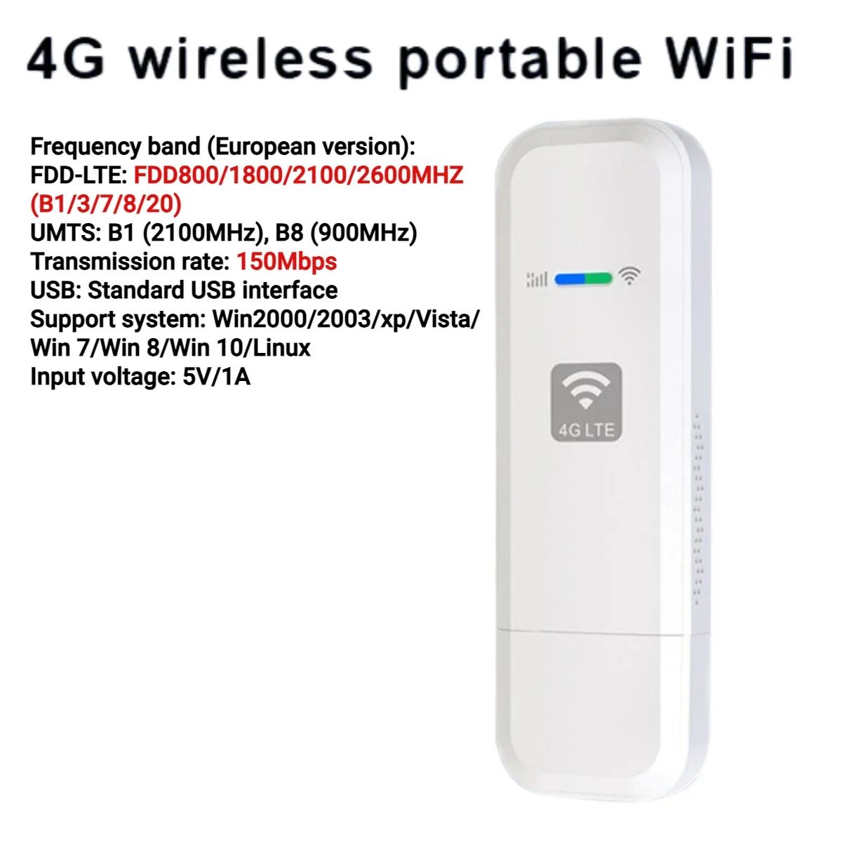 4G LTE USB WiFi Router with SIM Card Slot Portable WiFi LTE USB 4G Modem Plug and Play European Version for Outdoor Travel