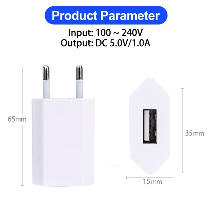 USB Wall Charger EU Plug Phone Charger Head 5V/1A Single Port USB Charging Block Travel Power Adapter for Xiaomi Samsung Huawei
