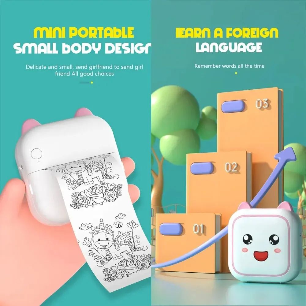 Mini Printer Inkless With Thermal Paper Adhesive Photo Label Recorder Graffiti Printing Bluetooth Wirelss Maker For Home