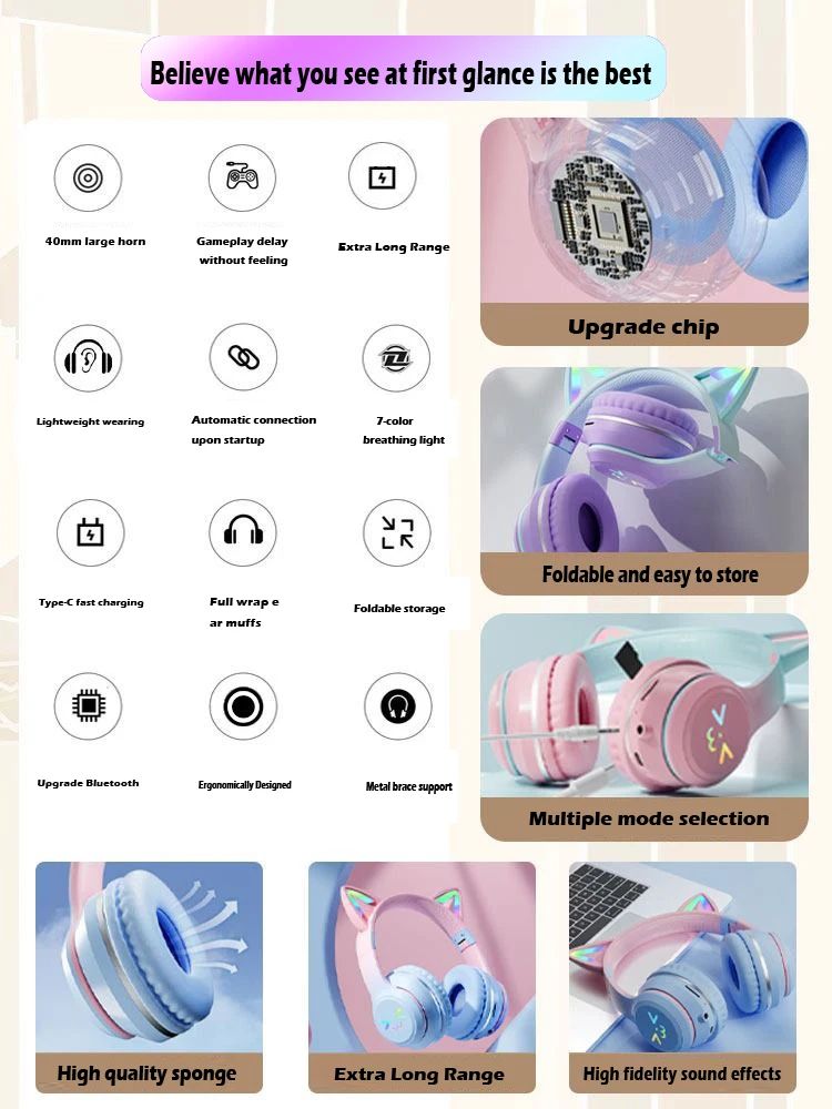 Cute Cat's Ear Bluetooth Headsets Gradient Color Wireless Headphones Mic Foldable Gaming Supports TF Card Noise Cancel Earphone