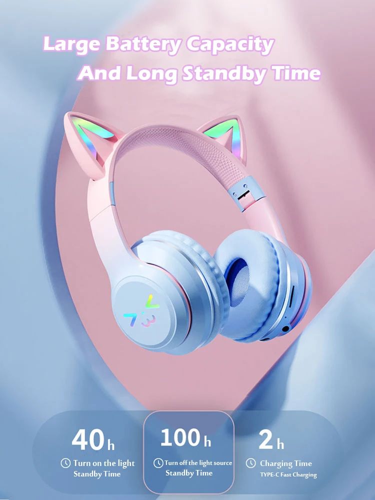 Cute Cat's Ear Bluetooth Headsets Gradient Color Wireless Headphones Mic Foldable Gaming Supports TF Card Noise Cancel Earphone