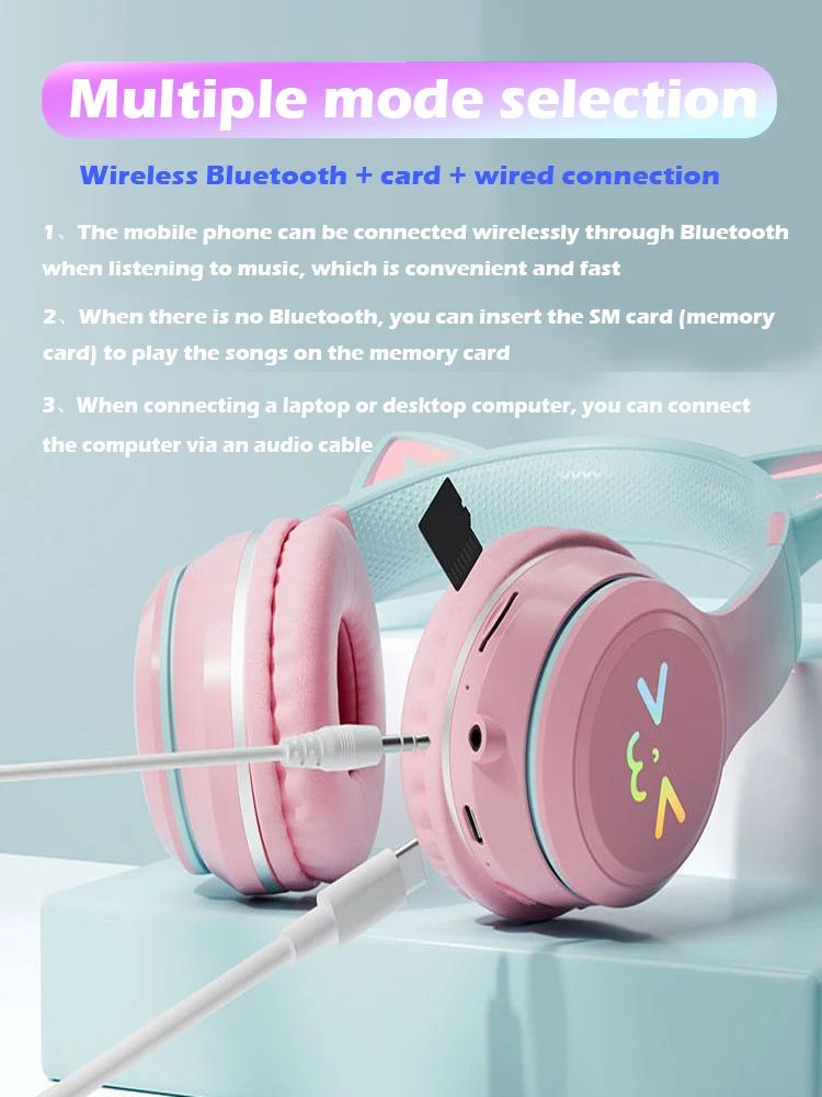 Cute Cat's Ear Bluetooth Headsets Gradient Color Wireless Headphones Mic Foldable Gaming Supports TF Card Noise Cancel Earphone