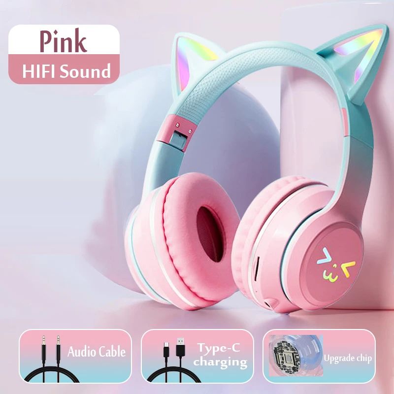 Cute Cat's Ear Bluetooth Headsets Gradient Color Wireless Headphones Mic Foldable Gaming Supports TF Card Noise Cancel Earphone