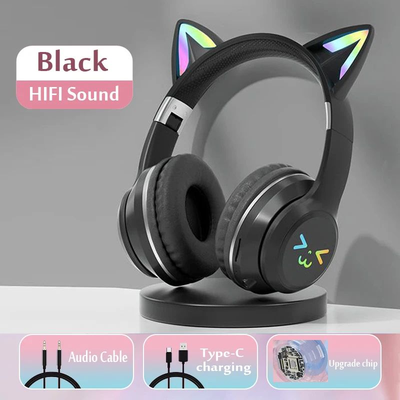 Cute Cat's Ear Bluetooth Headsets Gradient Color Wireless Headphones Mic Foldable Gaming Supports TF Card Noise Cancel Earphone