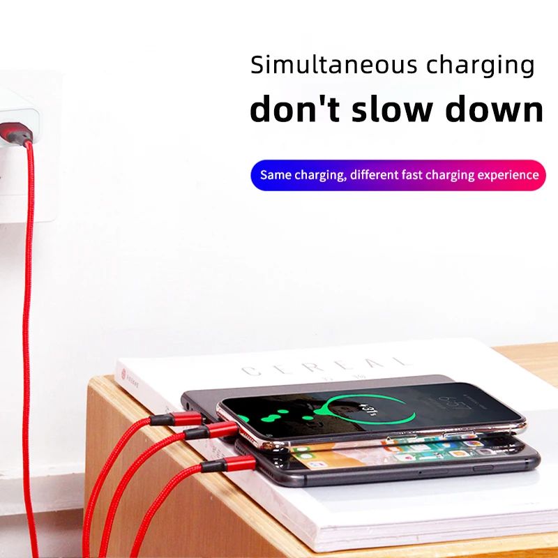 3 In 1 Fast Charging Cable Cord For iPhone Xiaomi Poco Micro USB Type C Charger Cable Multi Port Multiple Usb Charging Wire Line