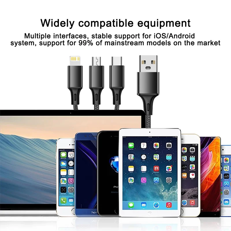 3 In 1 Fast Charging Cable Cord For iPhone Xiaomi Poco Micro USB Type C Charger Cable Multi Port Multiple Usb Charging Wire Line