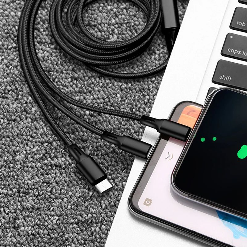 3 In 1 Fast Charging Cable Cord For iPhone Xiaomi Poco Micro USB Type C Charger Cable Multi Port Multiple Usb Charging Wire Line