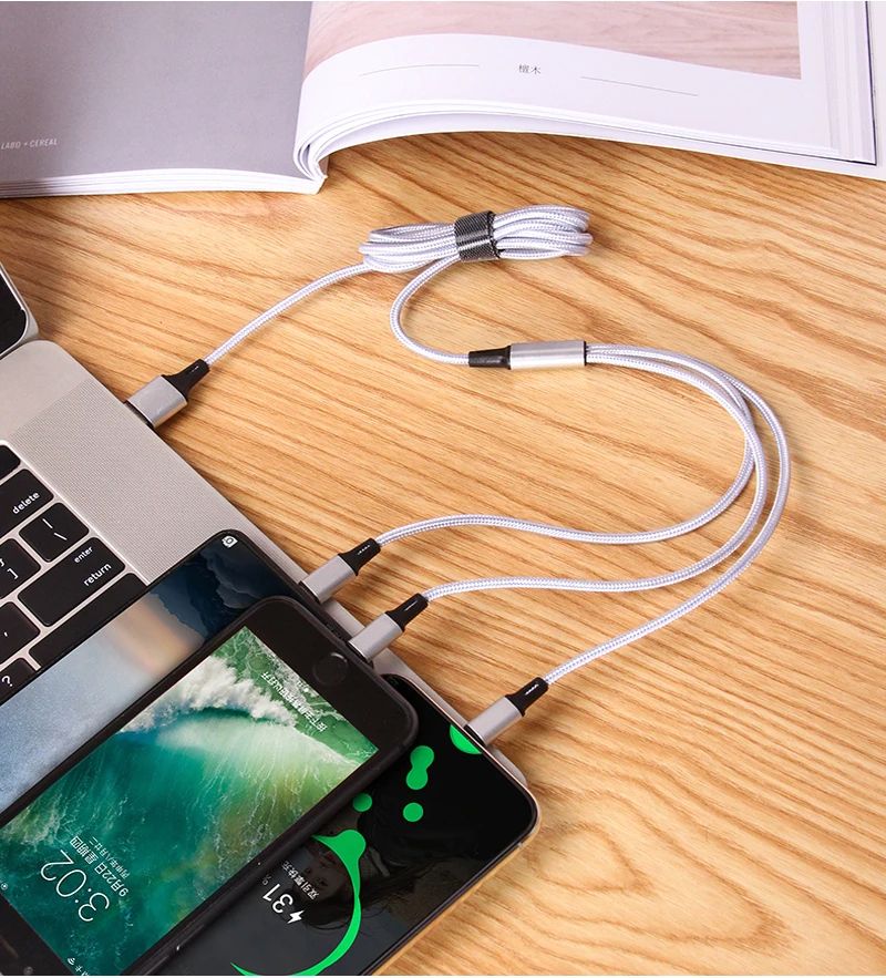 3 In 1 Fast Charging Cable Cord For iPhone Xiaomi Poco Micro USB Type C Charger Cable Multi Port Multiple Usb Charging Wire Line