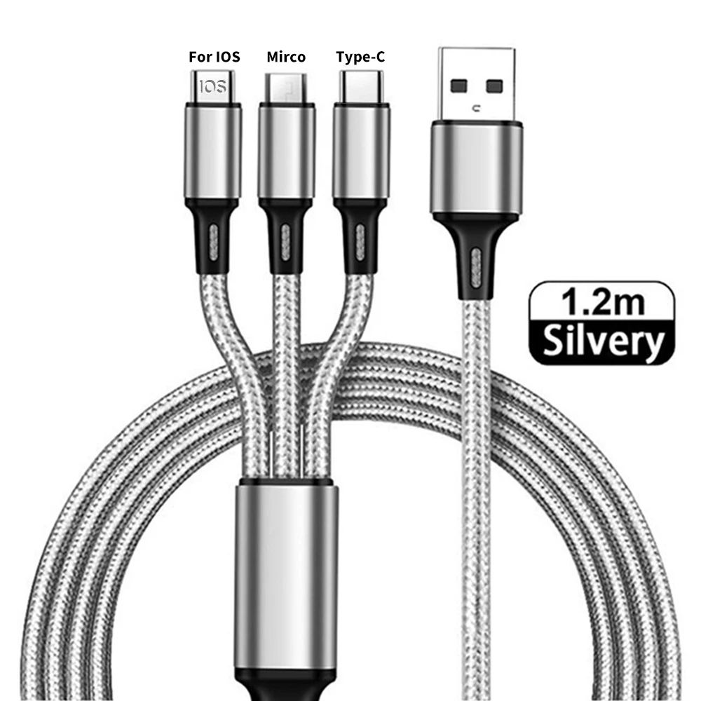 3 In 1 Fast Charging Cable Cord For iPhone Xiaomi Poco Micro USB Type C Charger Cable Multi Port Multiple Usb Charging Wire Line