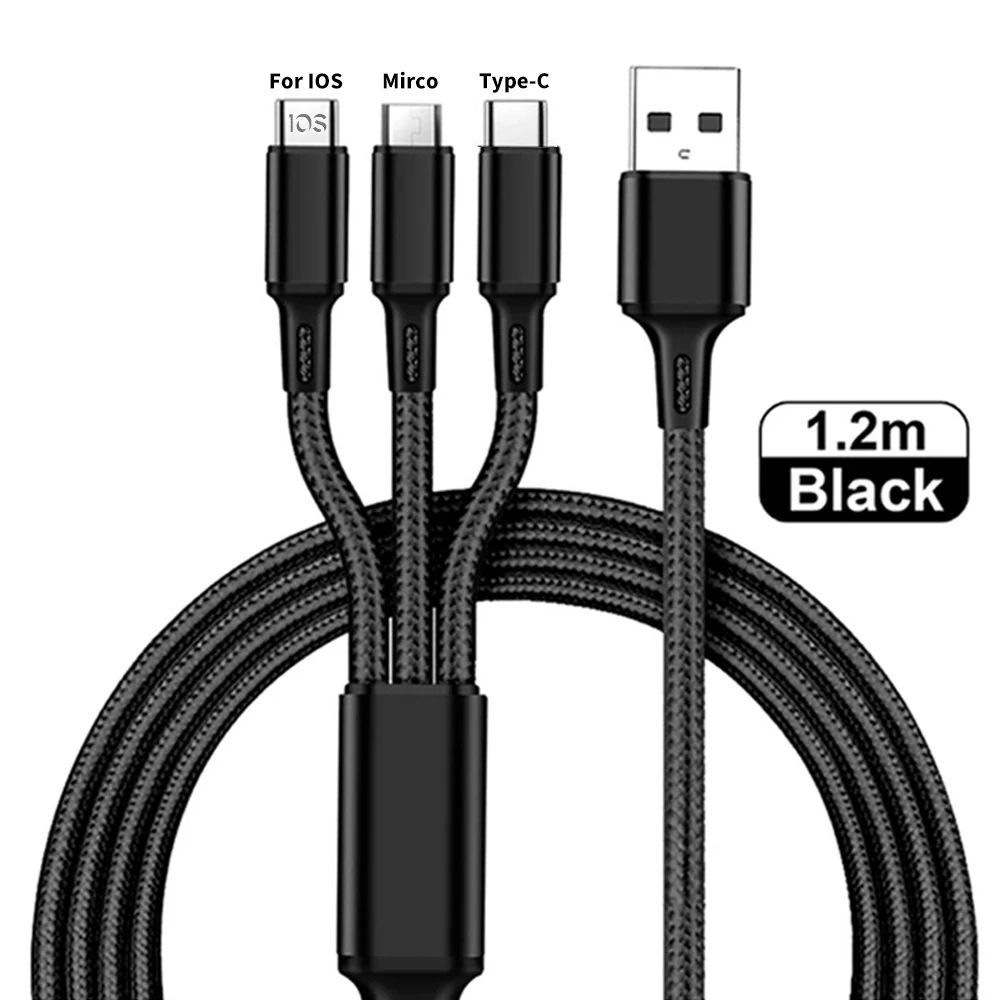 3 In 1 Fast Charging Cable Cord For iPhone Xiaomi Poco Micro USB Type C Charger Cable Multi Port Multiple Usb Charging Wire Line