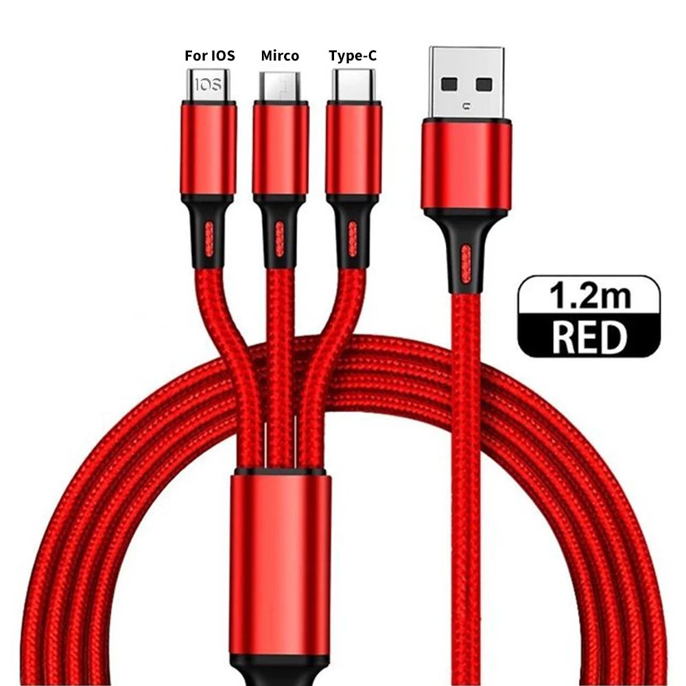 3 In 1 Fast Charging Cable Cord For iPhone Xiaomi Poco Micro USB Type C Charger Cable Multi Port Multiple Usb Charging Wire Line