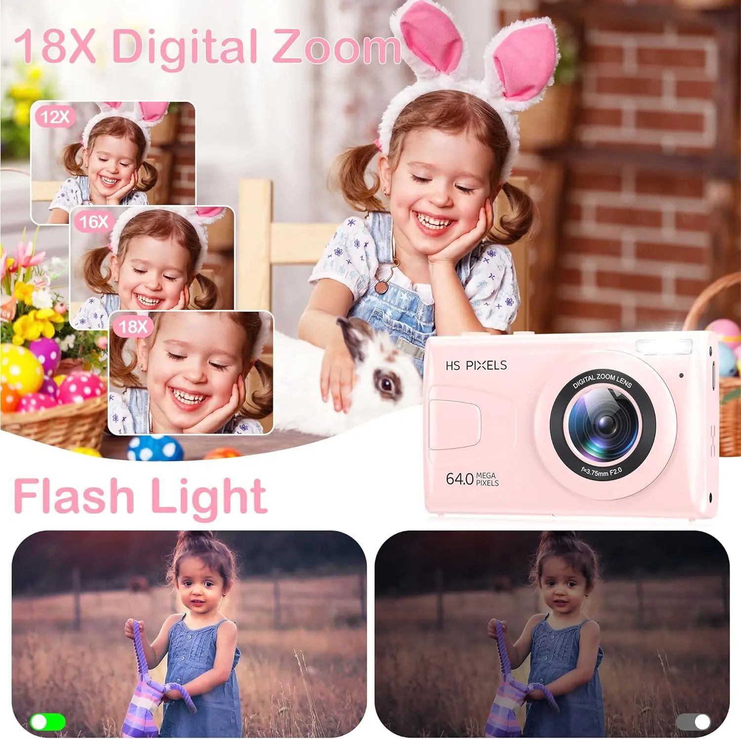 Digital Camera 4K Kids Camera for Photography 64MP MP3 Player Vlogging Camera Compact 2.8" IPS Screen Auto Focus 18X Zoom Camera