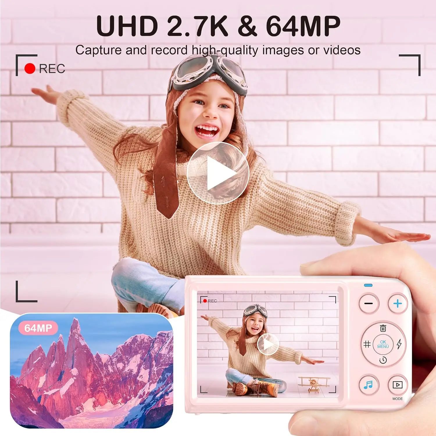 Digital Camera 4K Kids Camera for Photography 64MP MP3 Player Vlogging Camera Compact 2.8" IPS Screen Auto Focus 18X Zoom Camera