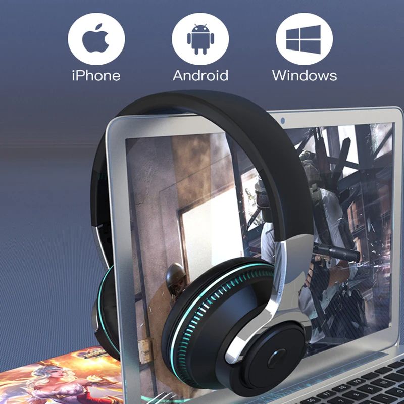 Bluetooth Headphones Head-mounted Noise Reduction Wireless Headset for Phones PC Gaming Headsets Heavy Bass Colorful LED Lights