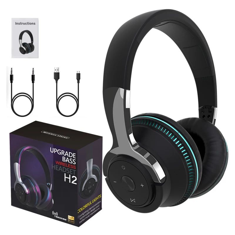 Bluetooth Headphones Head-mounted Noise Reduction Wireless Headset for Phones PC Gaming Headsets Heavy Bass Colorful LED Lights