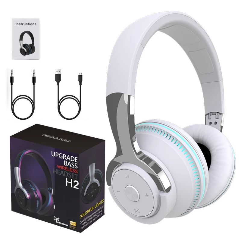 Bluetooth Headphones Head-mounted Noise Reduction Wireless Headset for Phones PC Gaming Headsets Heavy Bass Colorful LED Lights
