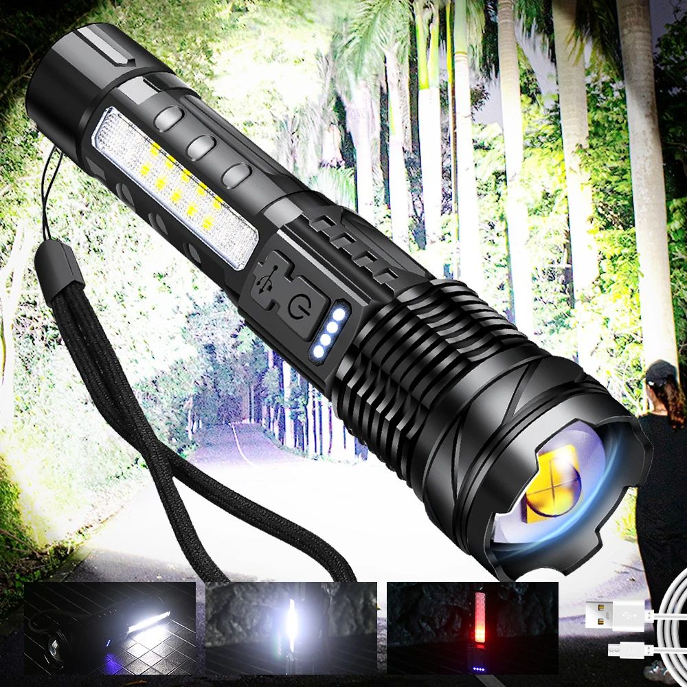 High Strong Power 24w Led Flashlights 50000000 Tactical Light Emergency Spotlights Telescopic Jetbeam1km 18650 Built-in Battery