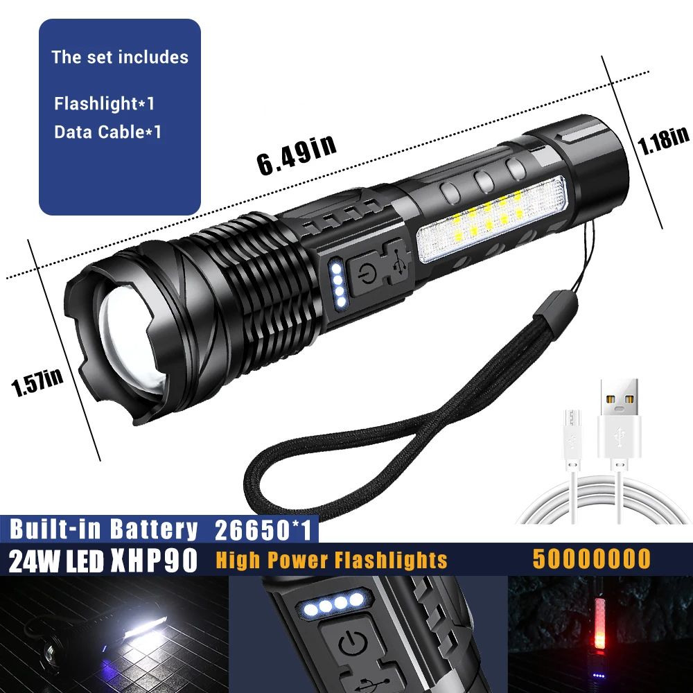 High Strong Power 24w Led Flashlights 50000000 Tactical Light Emergency Spotlights Telescopic Jetbeam1km 18650 Built-in Battery