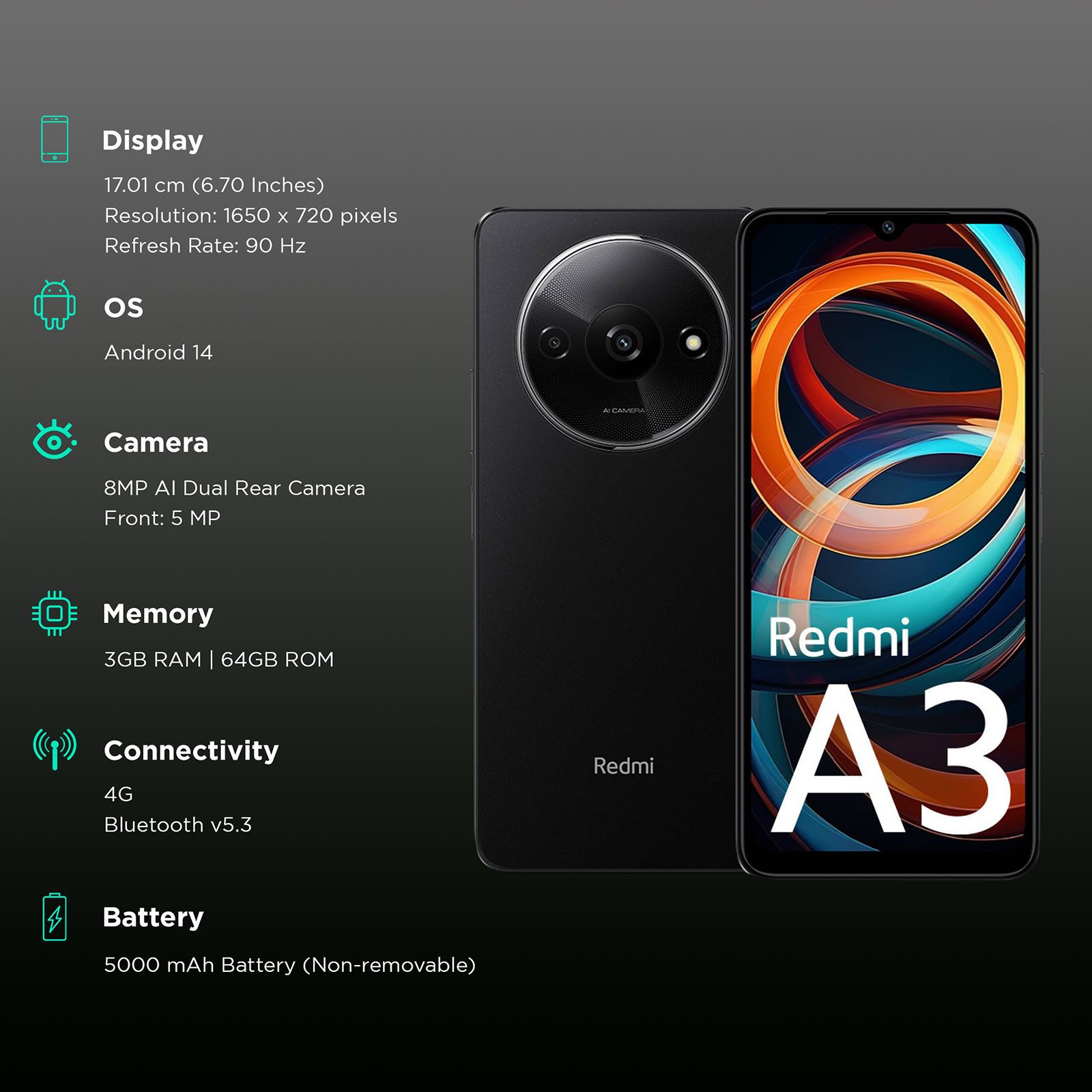 XIAOMI Redmi A3 6.71" 128GB+4GB 4G Network 5000mAh Battery 8MP AI Camera 10W Fast Charging  with Fingerprint Sensor Android 14 Smart Phones