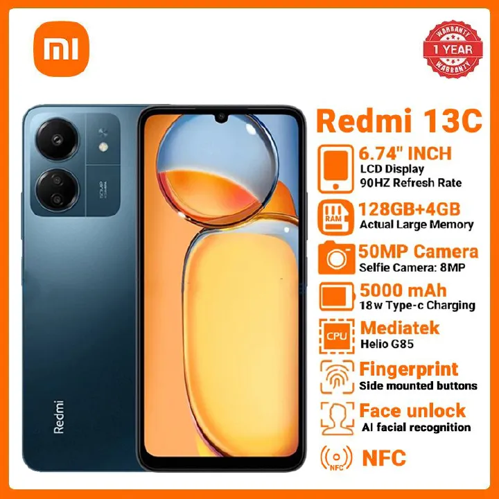 [Free Screen protector]  Xiaomi Redmi 13C 128GB ROM + 4GB RAM 4G Network Dual SIM 6.74inch 90Hz LCD Screen 50MP Camera 18W Tpye-C Charging 5000mAh Battery  with Fingerprint&Face Smart Phones