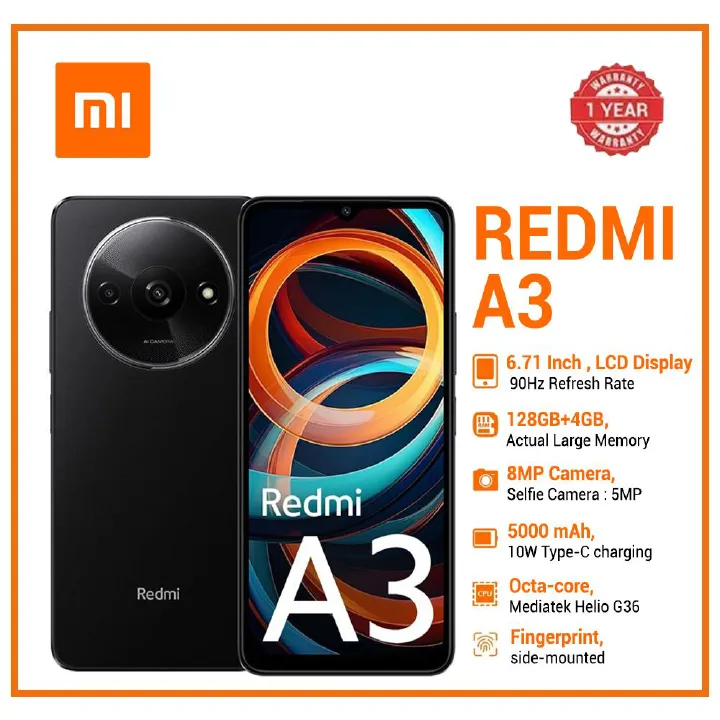 XIAOMI Redmi A3 6.71" 128GB+4GB 4G Network 5000mAh Battery 8MP AI Camera 10W Fast Charging  with Fingerprint Sensor Android 14 Smart Phones