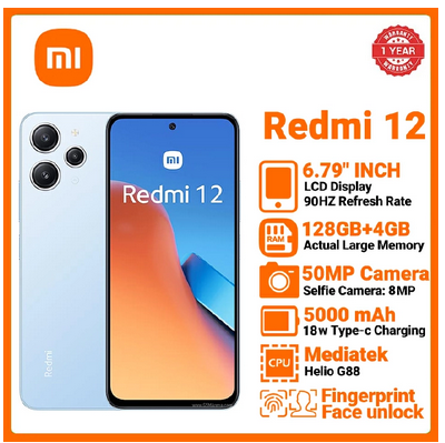 Redmi 12 4+128GB (4GB RAM+128GB ROM) 4G Network 6.79-inch 90Hz LCD Screen Dual SIM 50MP Camera 18W Type-C Charging 5000mAh Battery with fingerprint & Face unlock Smart Phone