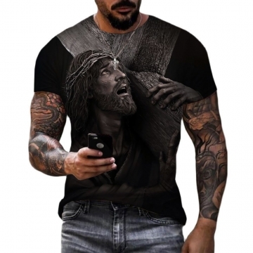 Graffiti Portrait 3D Print Men's Retro Street Short Sleeve Crew Neck T-shirt, Spring Fall 01 S