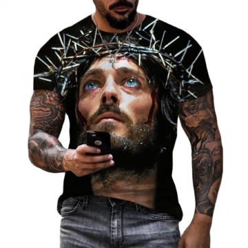 Graffiti Portrait 3D Print Men's Retro Street Short Sleeve Crew Neck T-shirt, Spring Fall 01 S