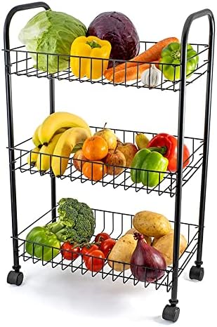 🔥🔥Fruit Vegetable Trolley Basket Rack Kitchen Storage with Wheels, Storage Rack with Organizer Baskets for Fruits, Vegetables, books, tools