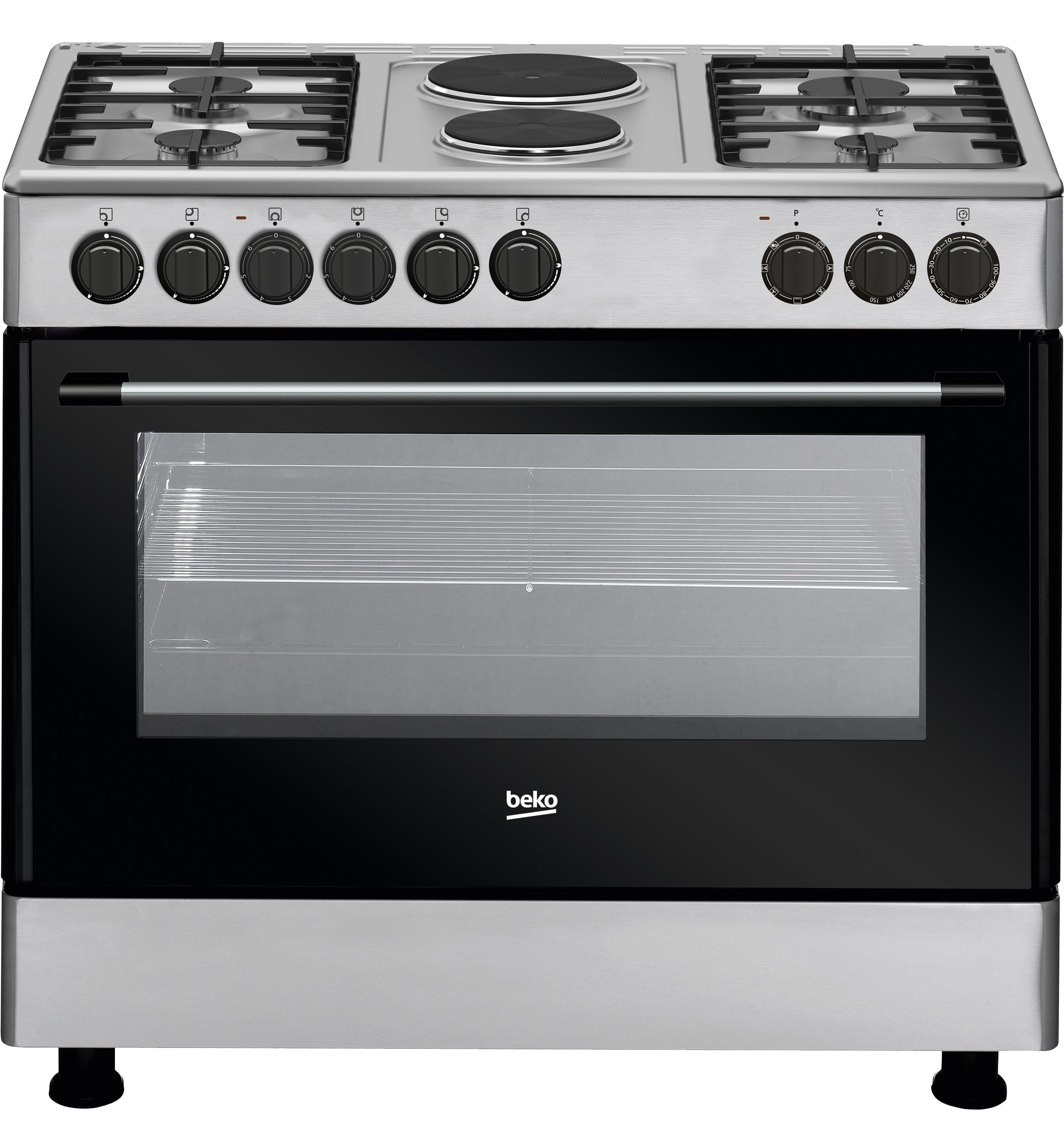 BEKO COOKER GE12121DX 4 gas + 2 hotplate hob STAINLESS STEEL WIDE OVEN GLASS TOP (1 YEAR WARRANTY)