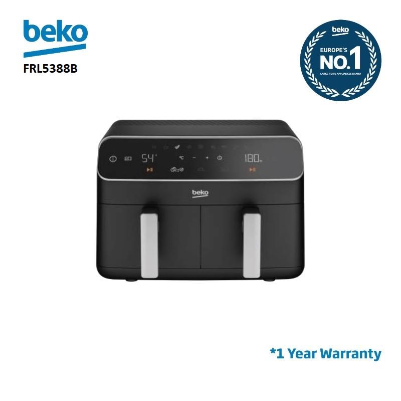 BEKO DOUBLE CHAMBER AIR FRYER FRL 5388B 8.5L 9 COOKING FUNCTIONS SMART FINISH LED SCREEN DISHWASHER SAFE ACCESSORIES DOUBLE LAYER COOKING RACK & SKEWER (1 YEAR