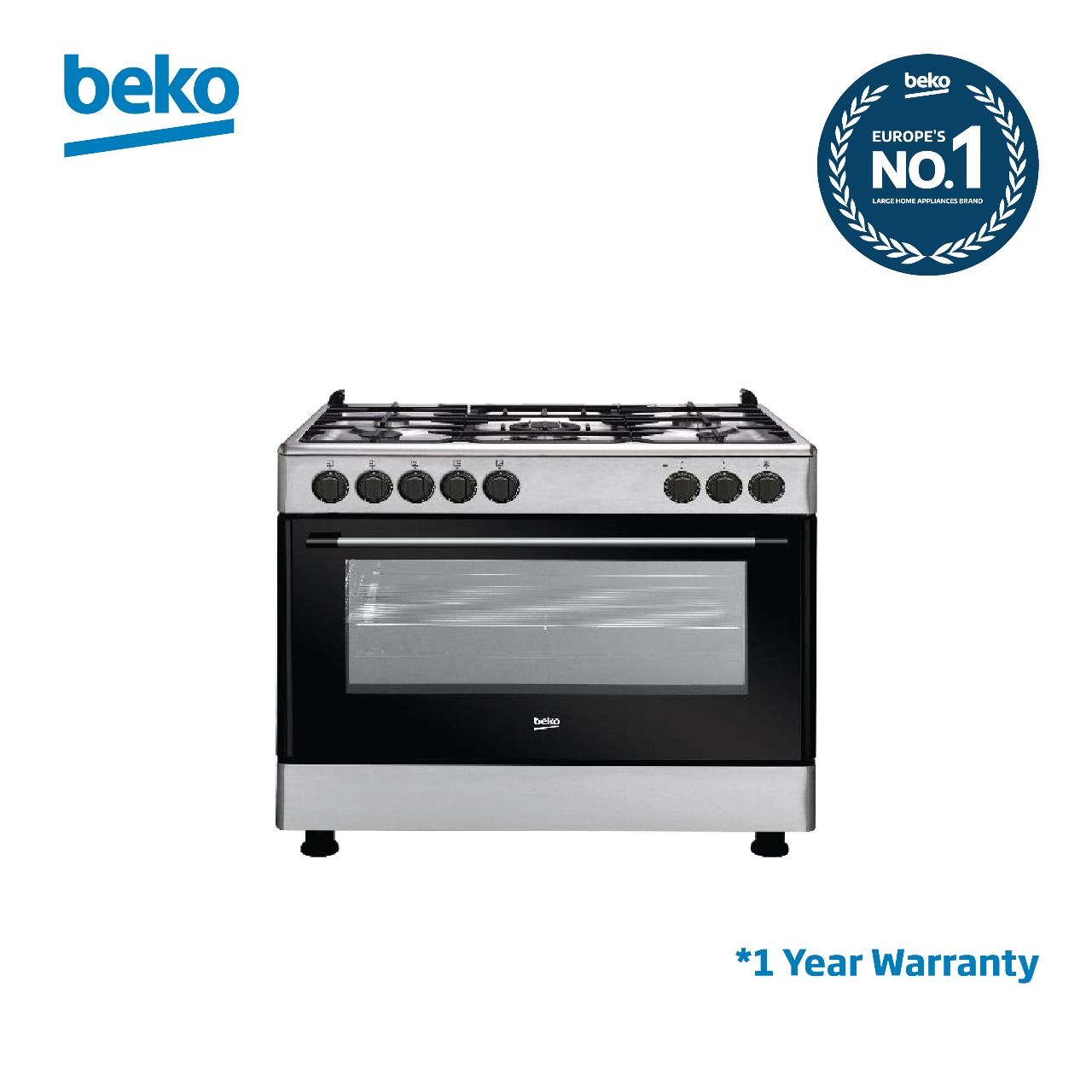 BEKO 4G+1 WOK FREE STANDING COOKER GE15120DX INOX FLAME FAILURE DEVICE CAST IRON PAN SUPPORT FAN ASSISTED OVEN WITH 7FUNCTION 90 X 90 X 60 (1 YEAR WARRANTY)