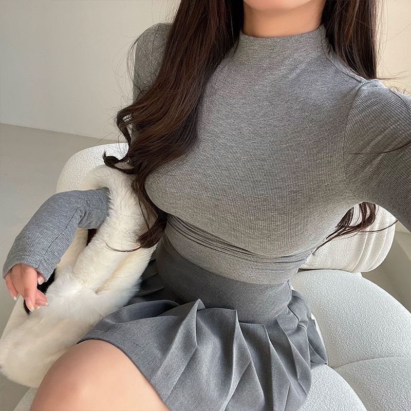 Pure desire sexy tight thin small turtleneck spring and autumn new fashion short navel leggings long-sleeved T-shirt top